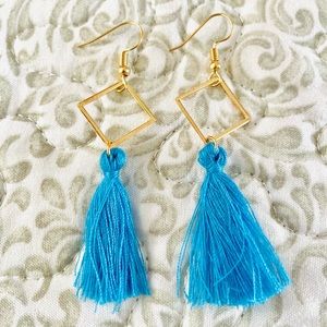 Teal Tassel and Gold Dangle Earrings
